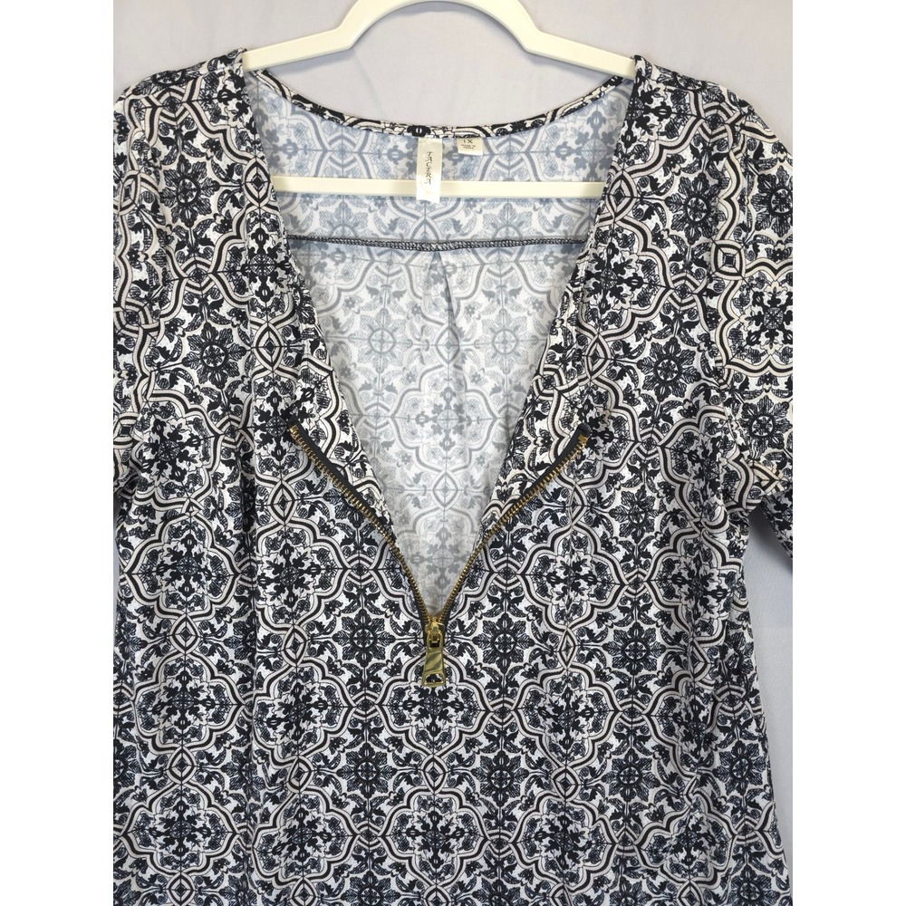 Tacera Women 1X Black White Geo Print Dress Zip V Neck Texture Stretch Shift - Picture 7 of 10